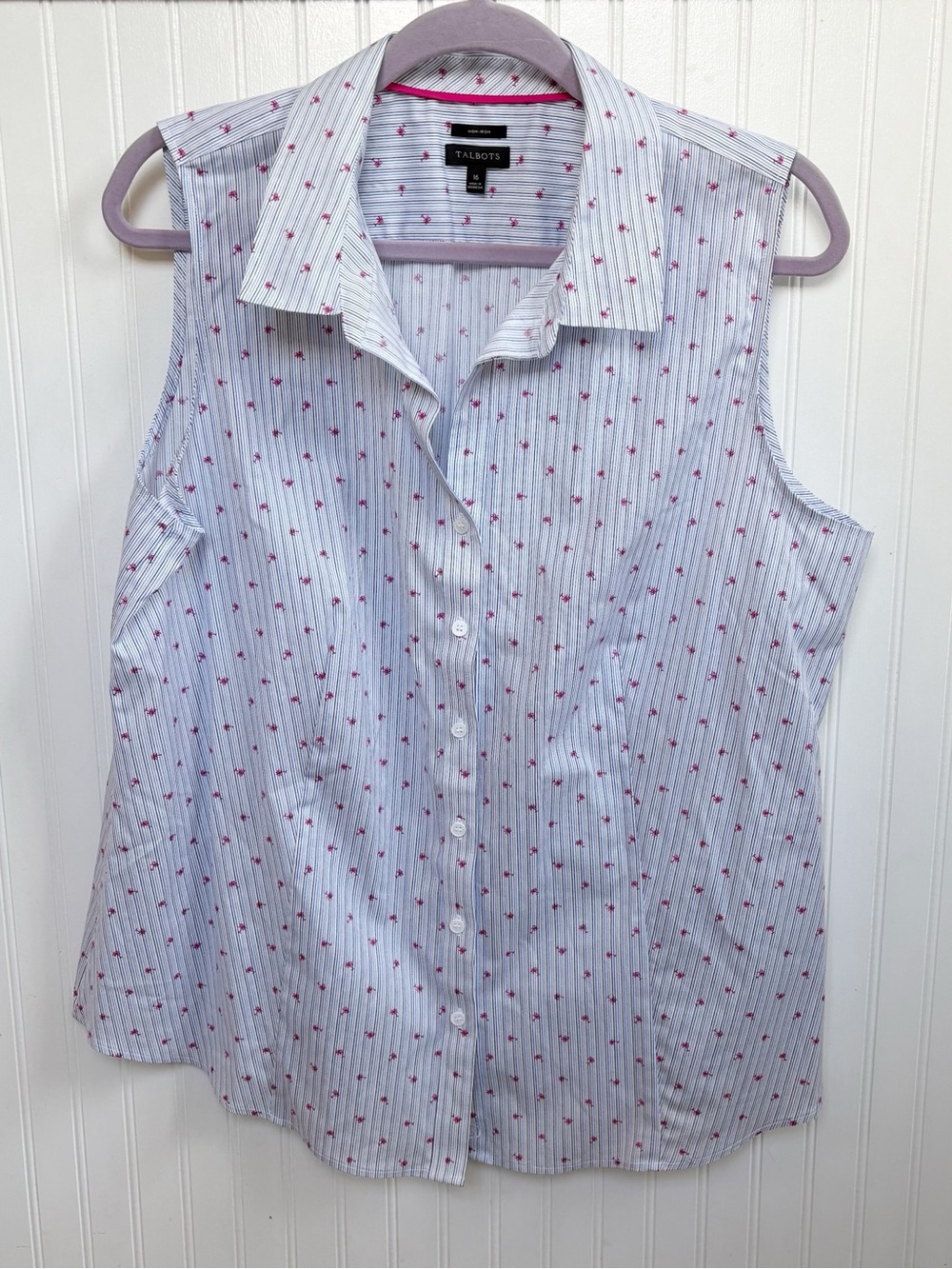 Talbots Women’s Size 16 Non-Iron Sleeveless Button Down Shirt Palm Tree & Stripe